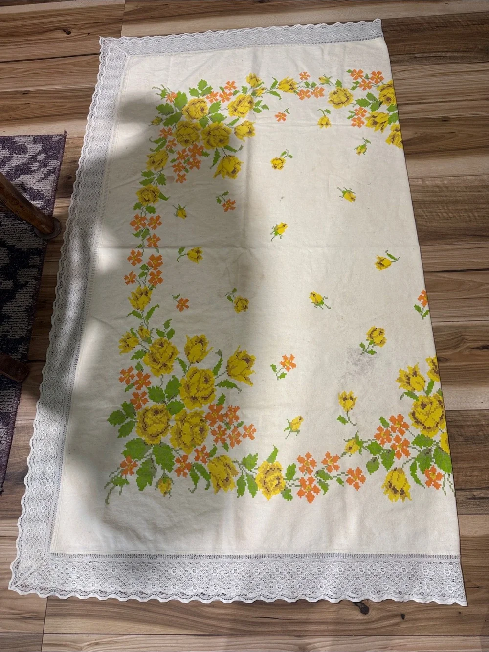 Vintage antique cross stitch fabric and lace yellow floral tablecloth 66x57